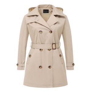 NEW Trench Coat Double-Breasted Classic Lapel Detachable Hood 2X